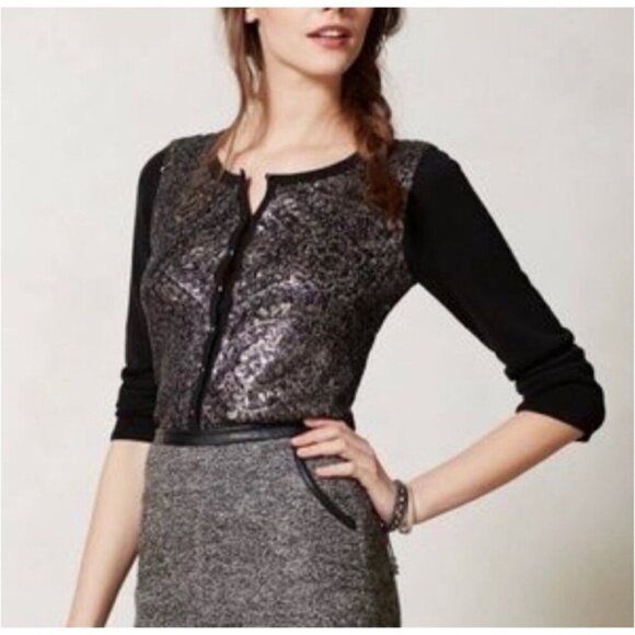 Knitted and Knotted Anthropologie Black Bauble Cardigan Sequin Front Cotton XS - Picture 1 of 7